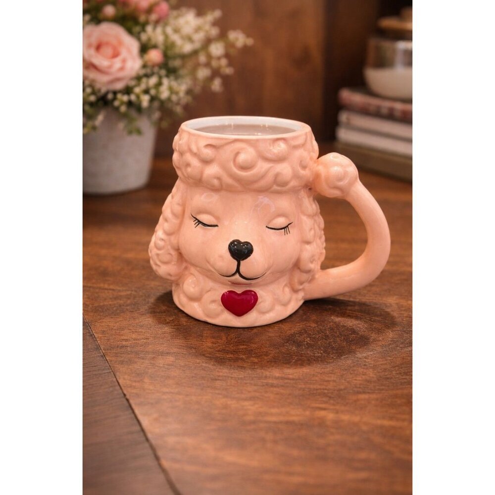 New Holiday Pink Ceramic Valentines Day Heart Fluffy Girl Poodle Coffee Tea Mug